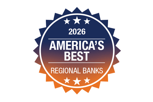 Circular blue and orange award graphic with white stars and text reading: 2026 America's Best Regional Banks.