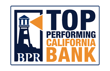 “Top Performing California Bank” BPR graphic with lighthouse icon and navy and orange text.