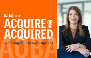 Graphic: Bank Director and Acquire or Be Acquired Conference logos with image of Krista Snelling